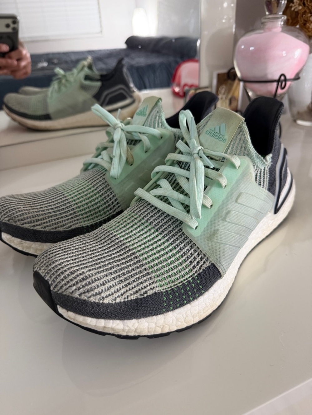 adidas Mint Green and Gray Ultraboost Knit Sneakers